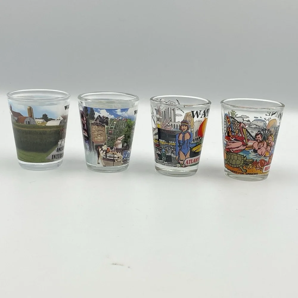 Vintage Wayne Souvenir‎ Shot Glasses Set of 4 Amish PA Atlantic City NJ Knoebels